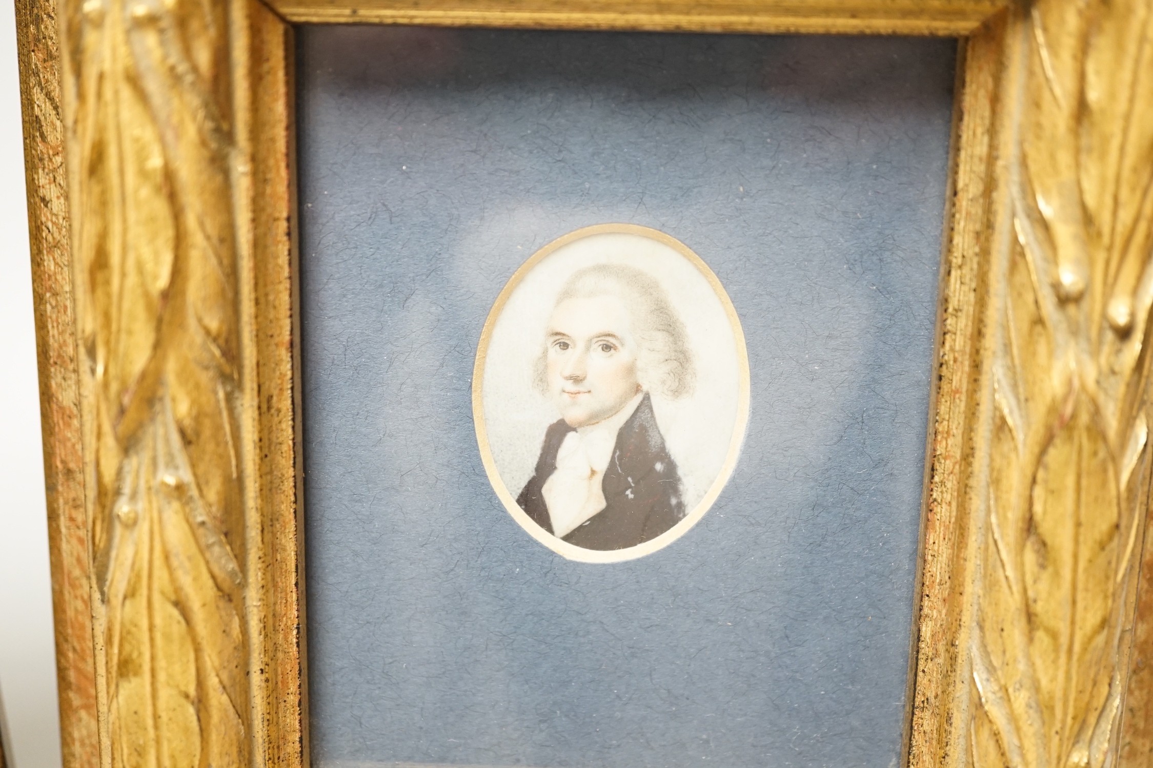 English School, late 18th century, two portrait miniatures on ivory, Portraits of gentleman, framed